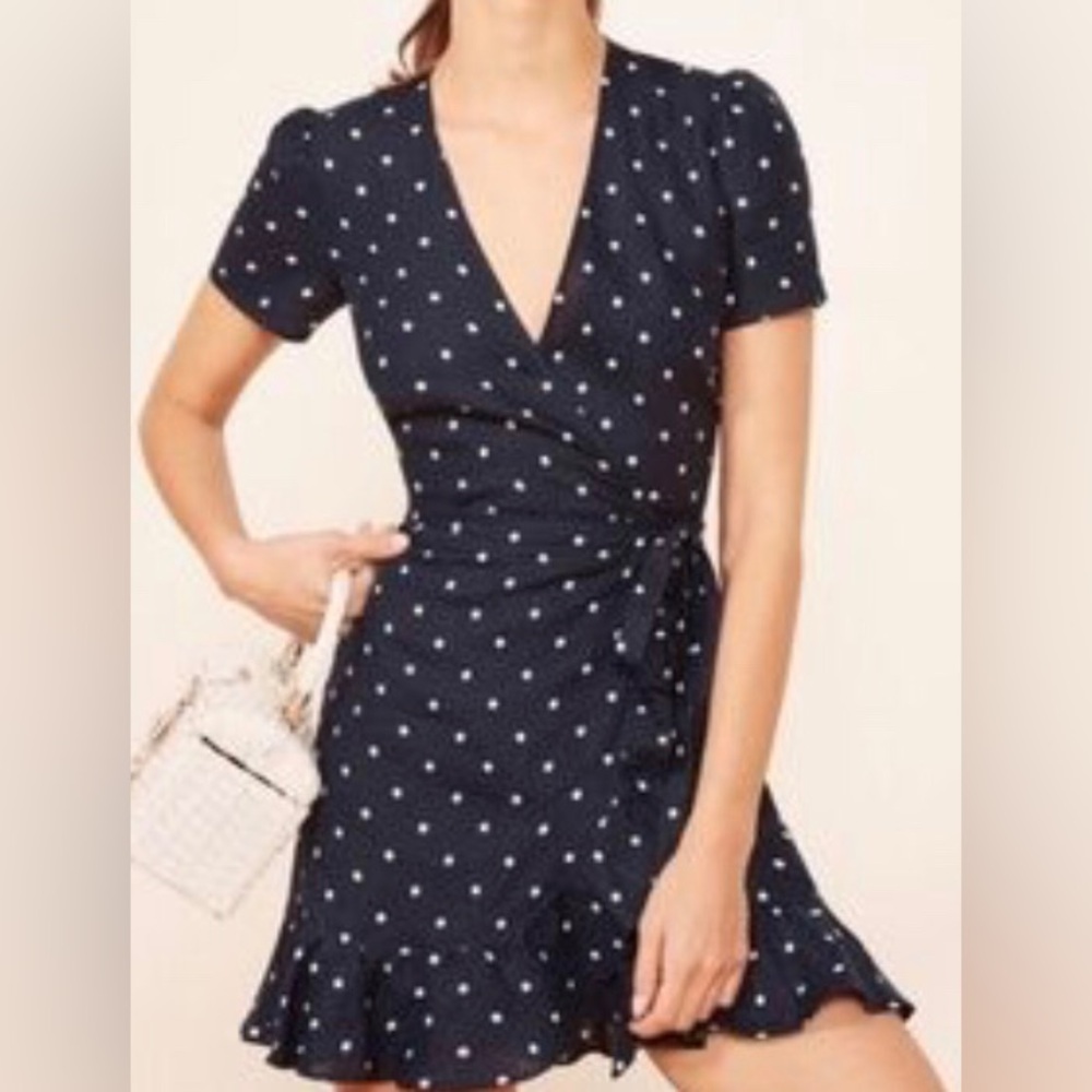 Reformation 100% Linen Wrap Ruffle Dress Size Small Blue White Polka Dot